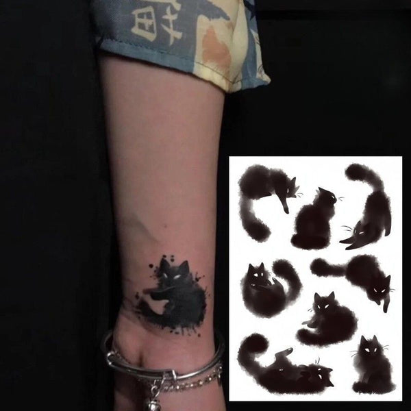 Dark Ink Painting Cat Animal Cute Tattoo Sticker Waterproof