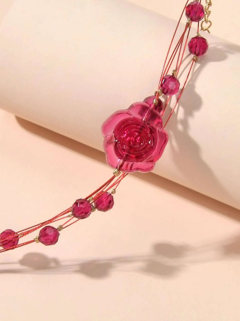 Fashion Jewellery Multi-layer Beads Chain Resin Red Rose Flower Women Bracelet