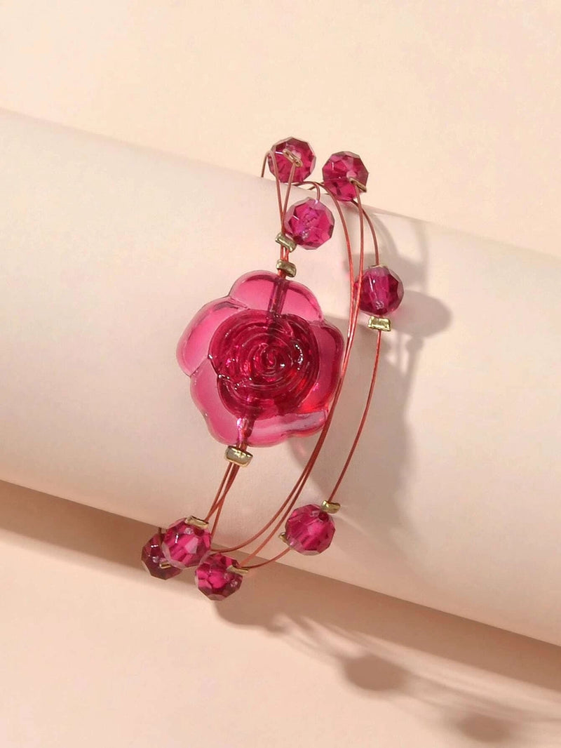 Fashion Jewellery Multi-layer Beads Chain Resin Red Rose Flower Women Bracelet