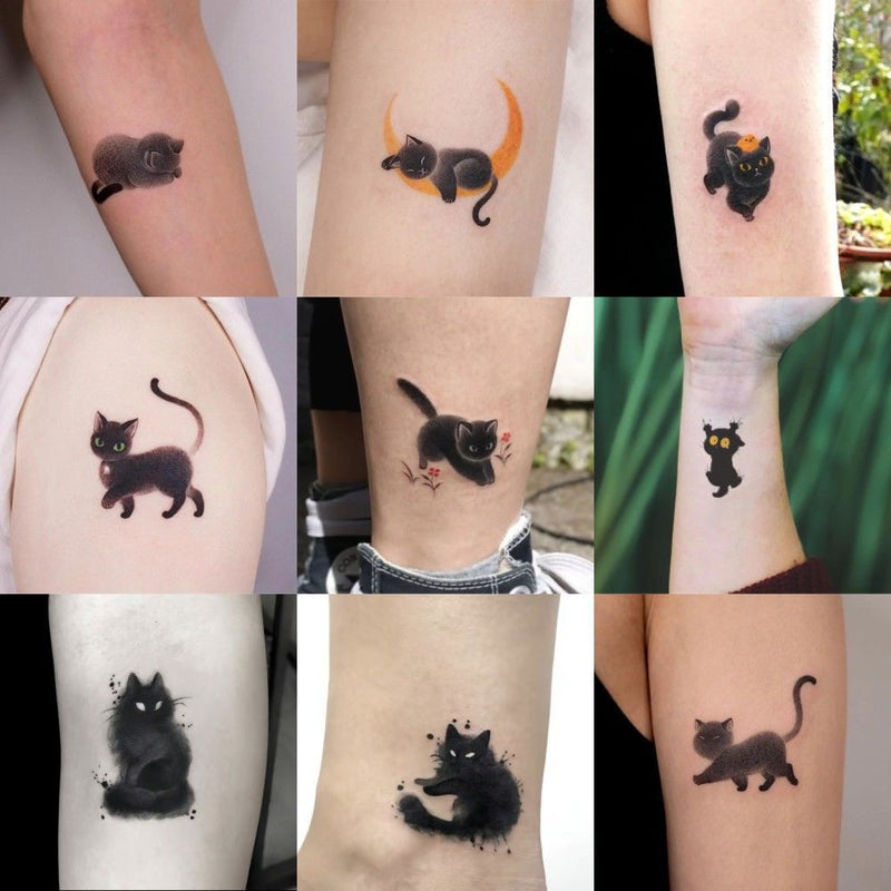 Dark Ink Painting Cat Animal Cute Tattoo Sticker Waterproof
