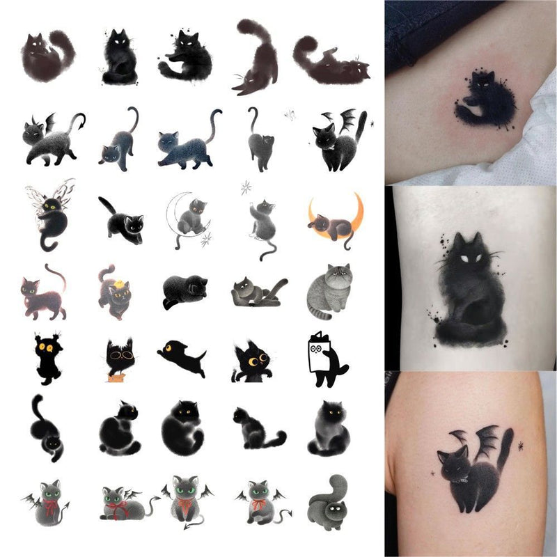 Dark Ink Painting Cat Animal Cute Tattoo Sticker Waterproof