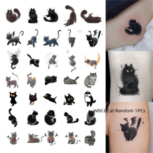 Dark Ink Painting Cat Animal Cute Tattoo Sticker Waterproof