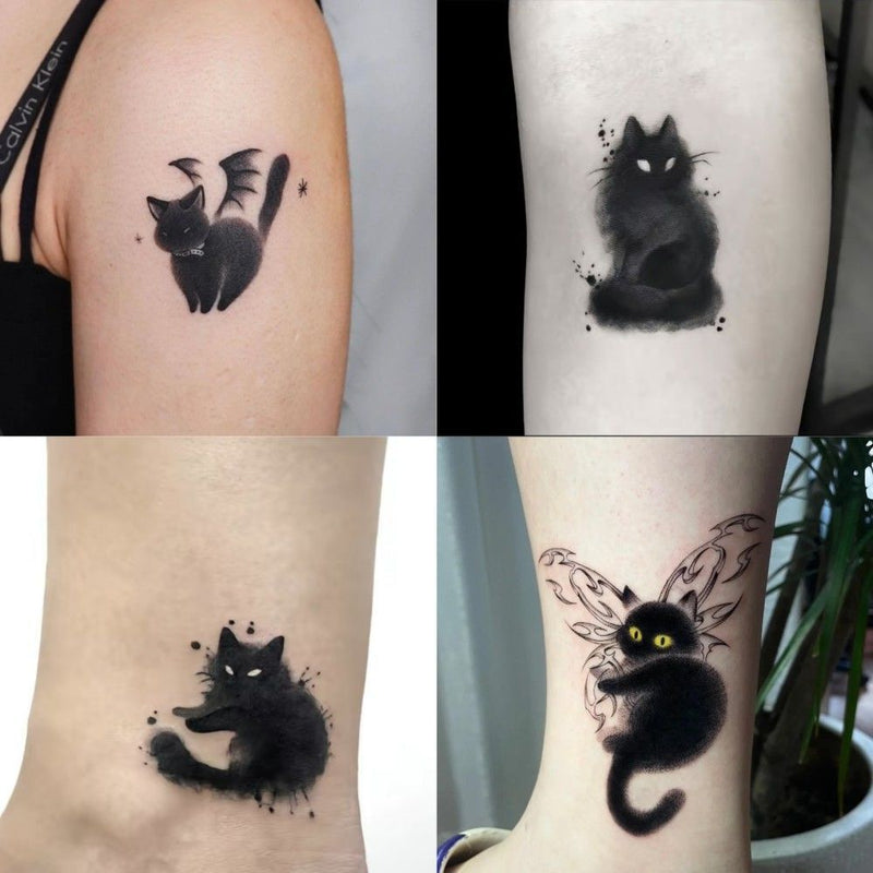 Dark Ink Painting Cat Animal Cute Tattoo Sticker Waterproof